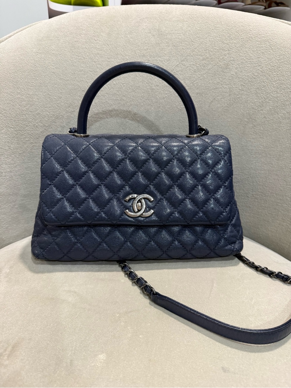 CHANEL Navy Quilted Top Handle Purse with Chain Strap